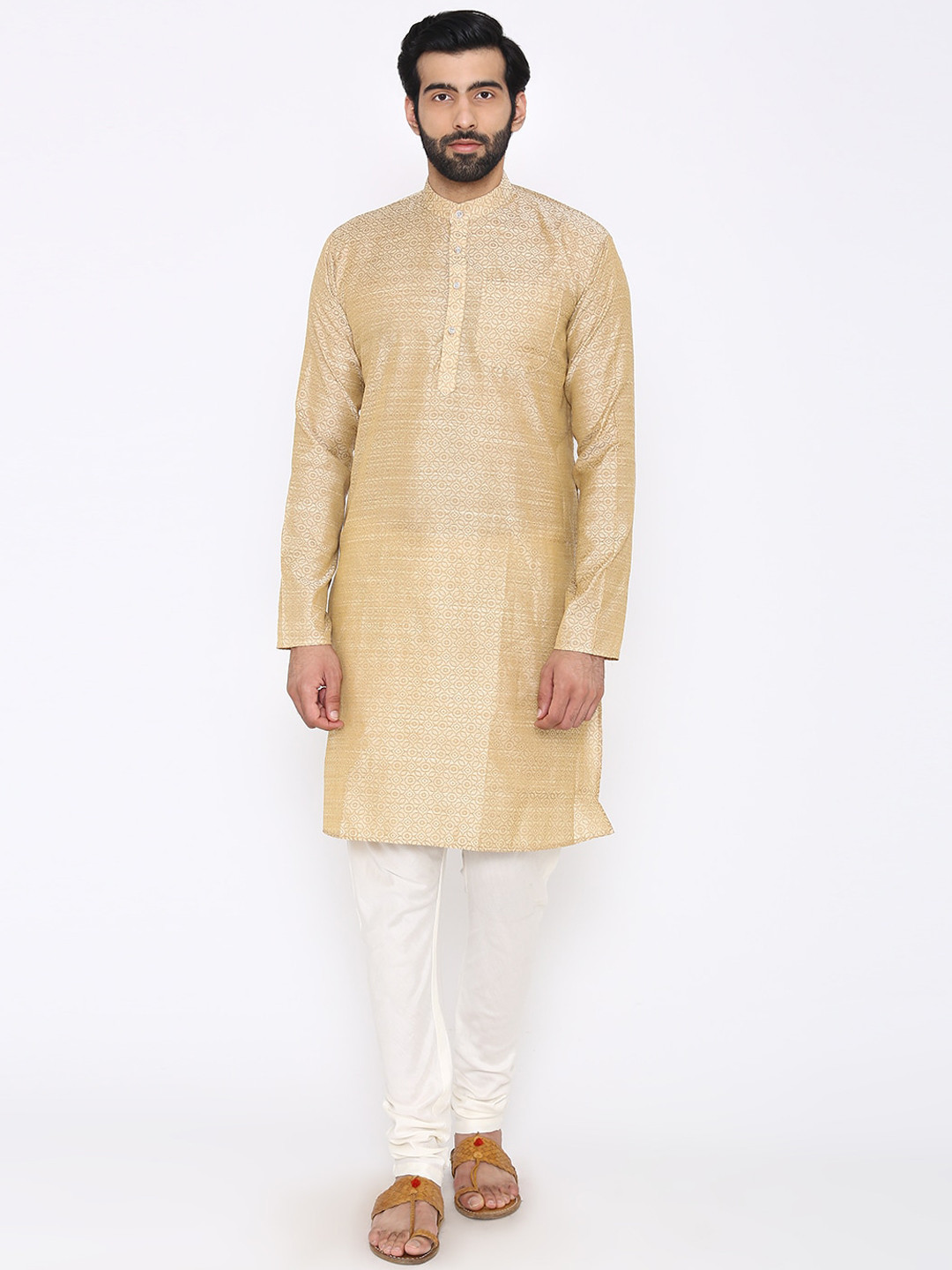 Wintage Men Cream-Coloured & White Woven Design Kurta with Pyjamas