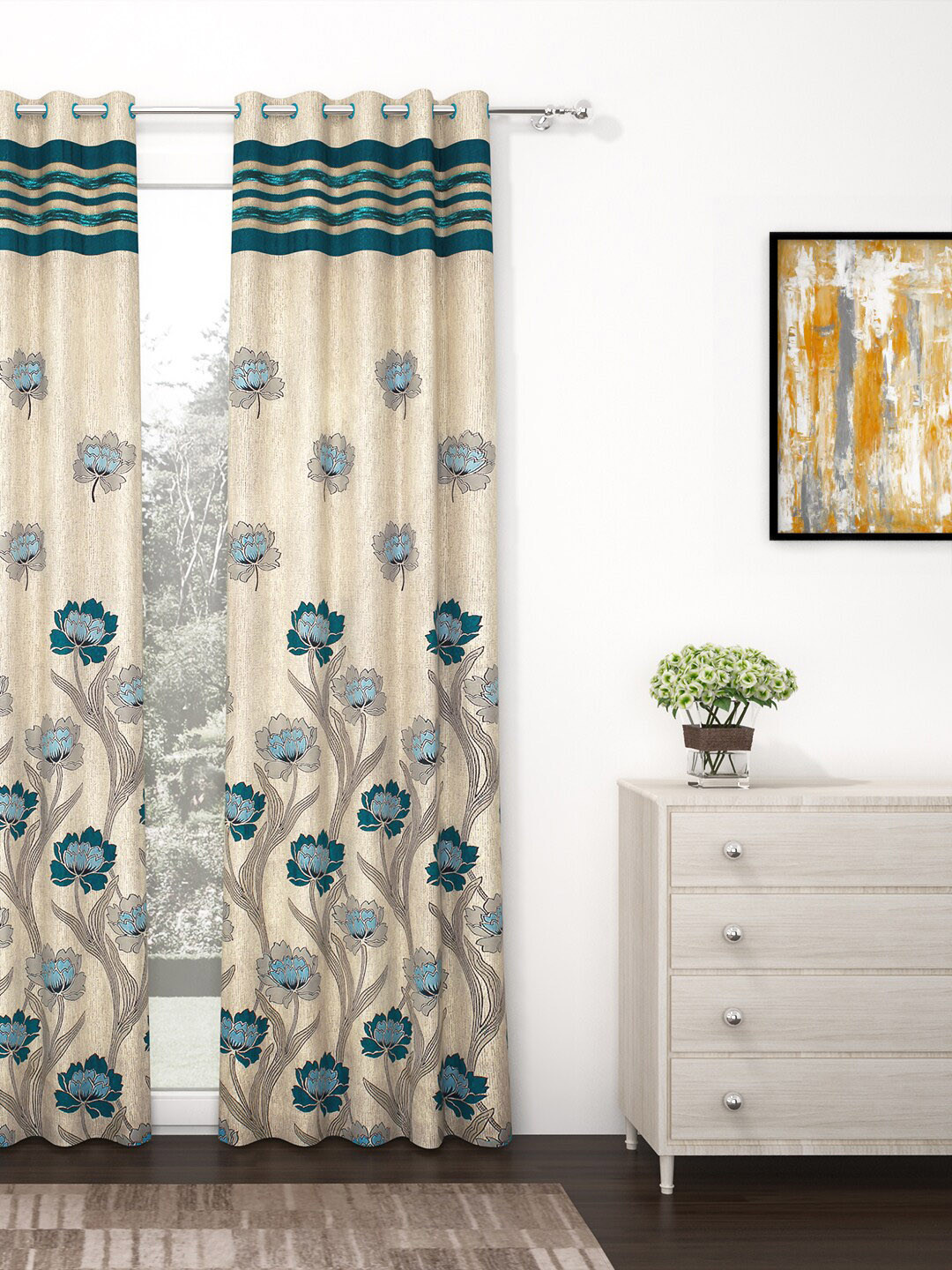 Story@home Cream-Coloured & Blue Premium Jacquard 350GSM Room Darkening Eyelet Single Long Door Curtain