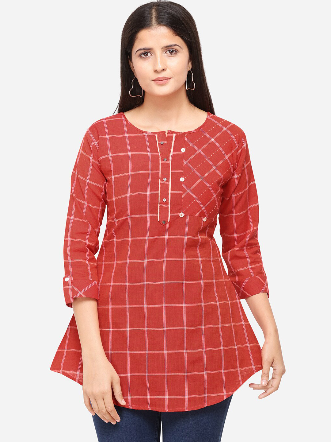 Kvsfab Women Red Checked Tunic
