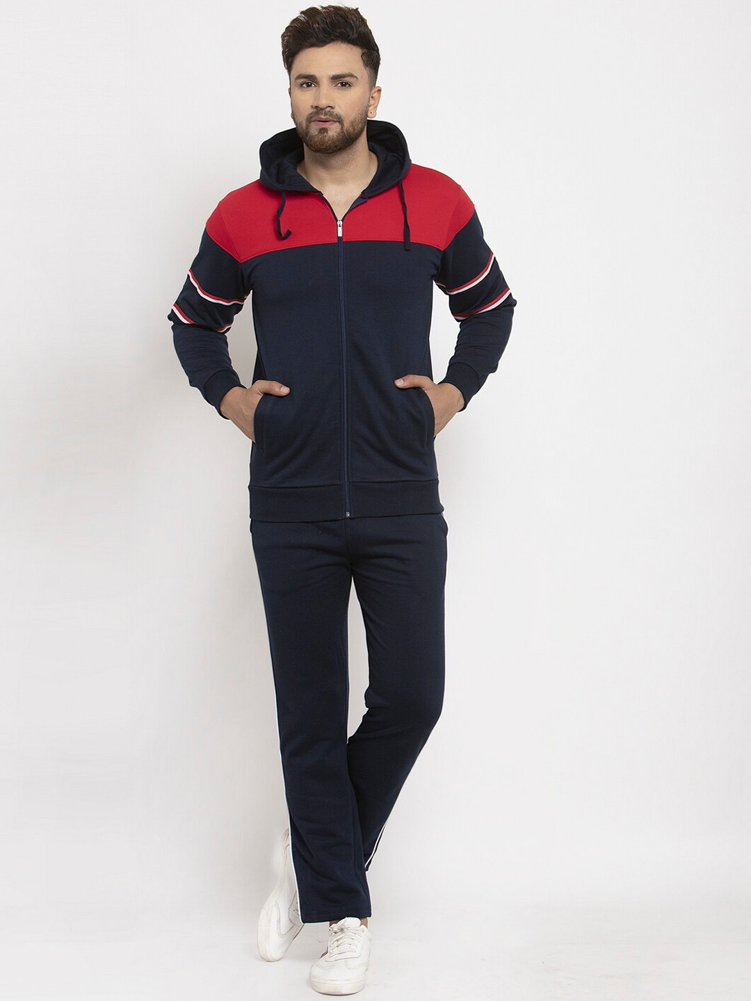 WILD WEST Men Navy Blue & Red Colourblocked Tracksuit