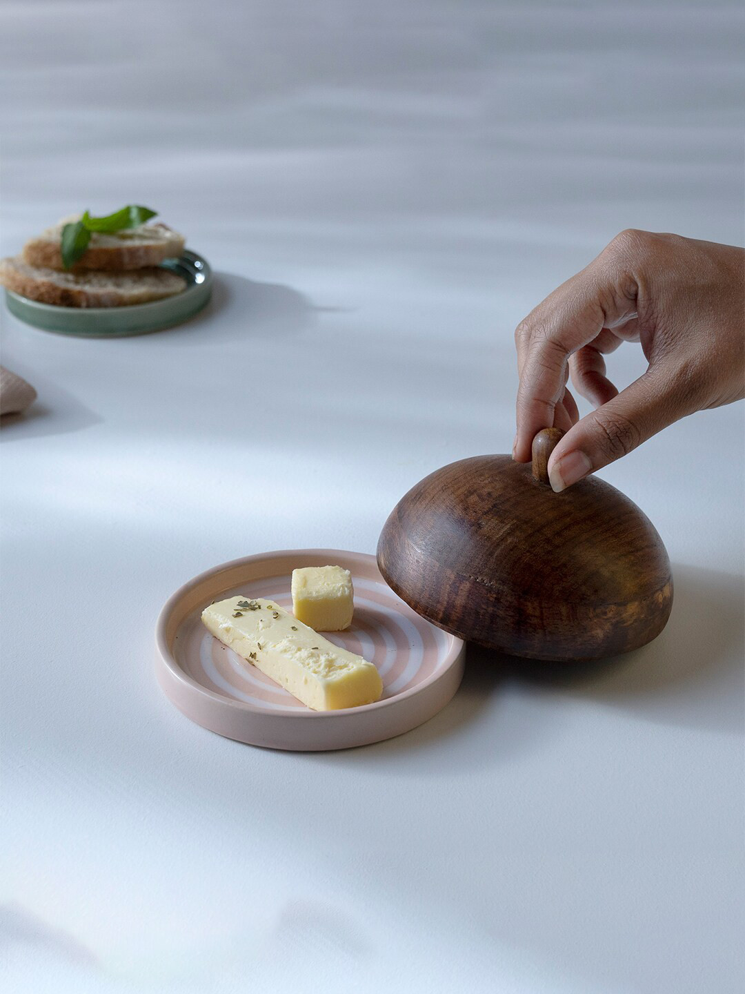 ellementry Pink & Brown Ceramic Butter Dish with Wooden Lid