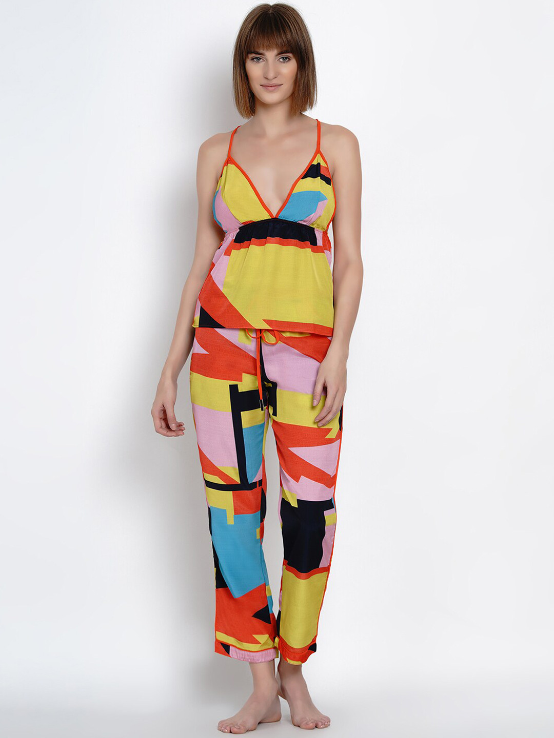 Aoba Women Yellow & Orange Colourblocked Night suit