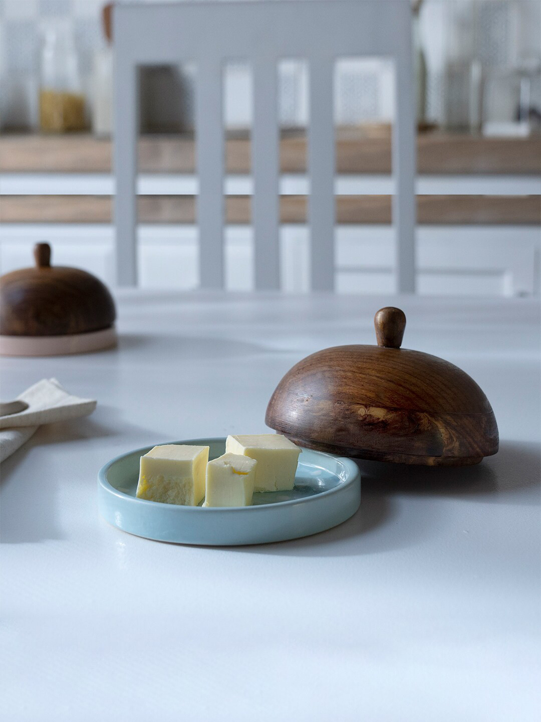 ellementry Blue & Brown Hand-Painted Ceramic Butter Dish With Wooden Lid