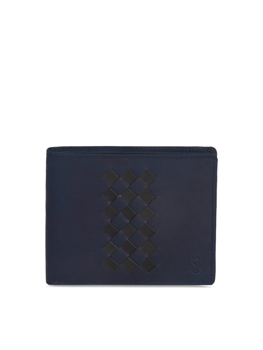Second SKIN Men Navy Blue Woven Design Genuine Leather Two Fold Wallet