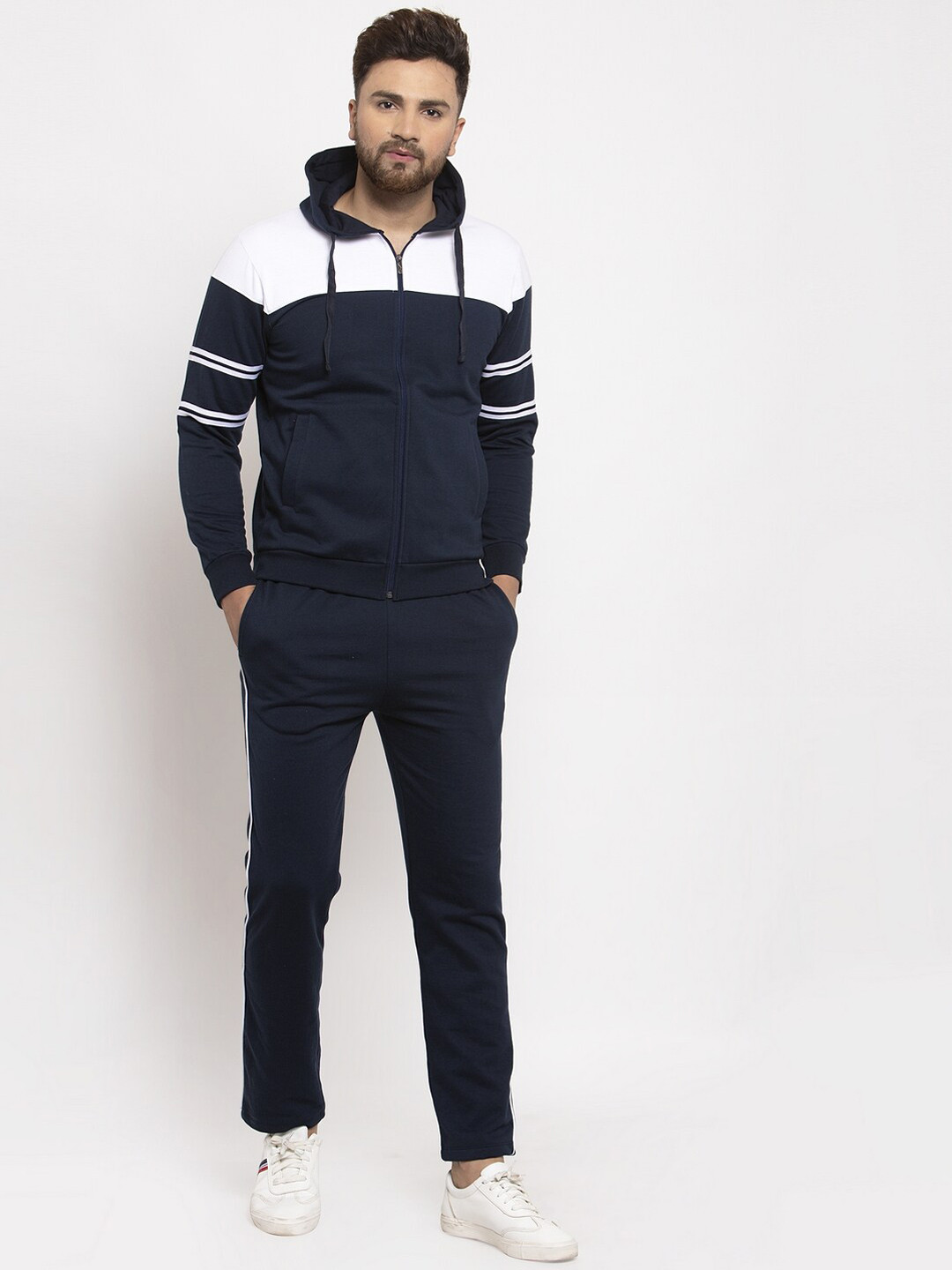 WILD WEST Men Navy Blue & White Colourblocked Tracksuit