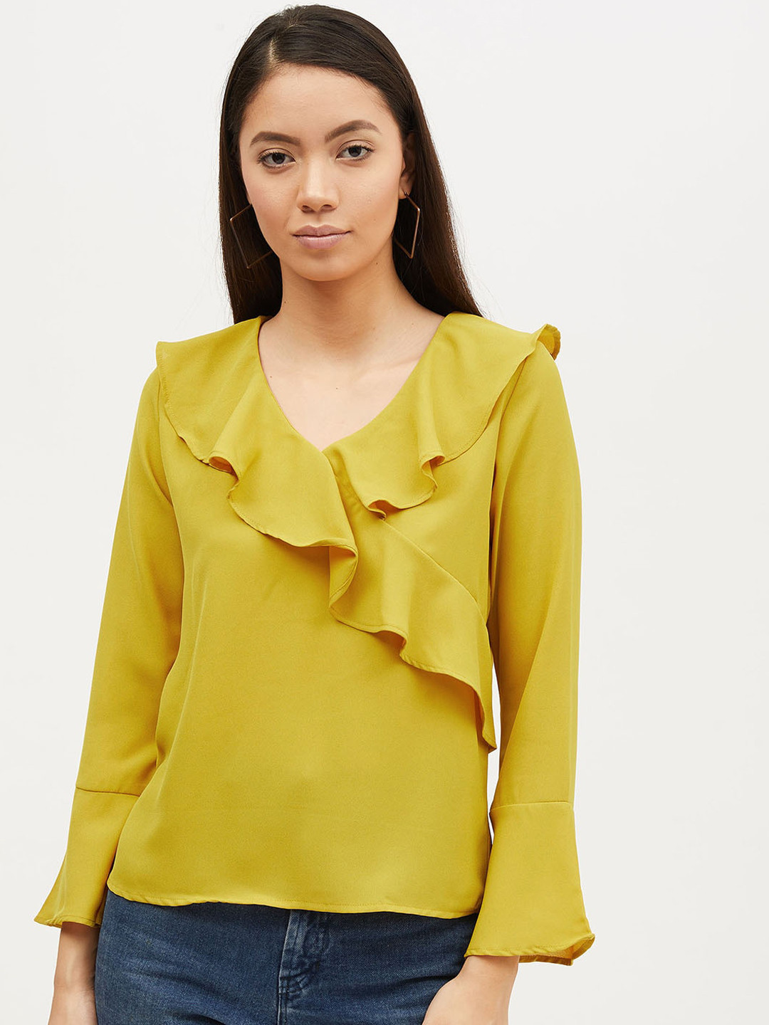 Harpa Women Mustard Yellow Ruffle Solid Top