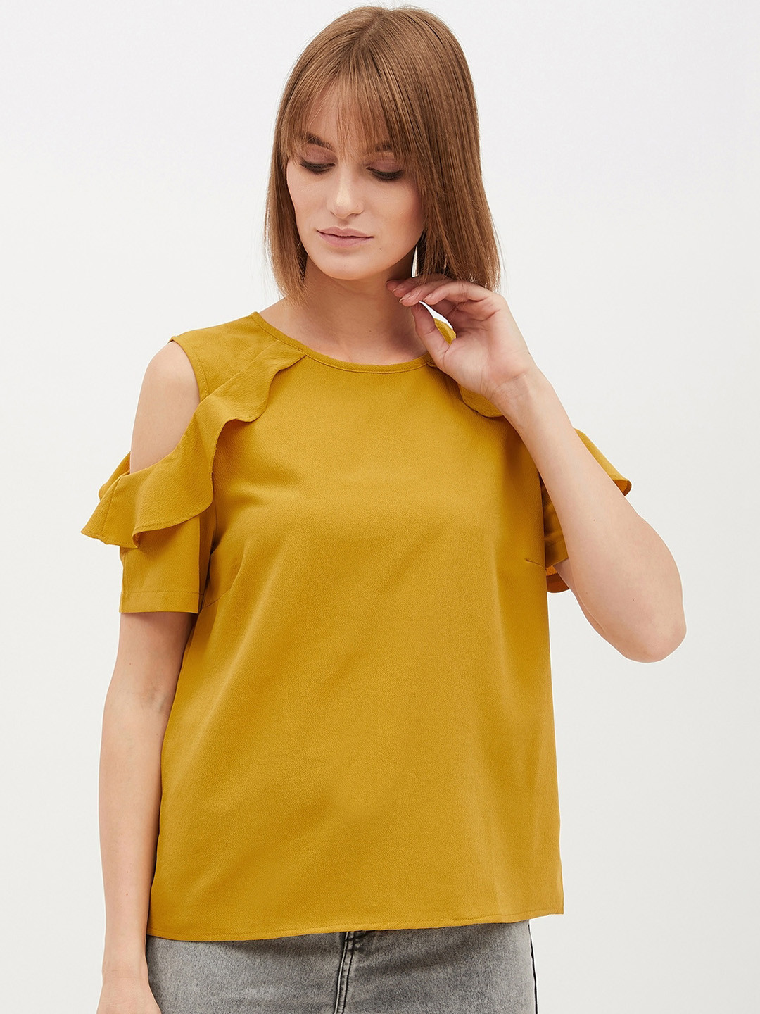 Harpa Women Mustard Yellow Solid Ruffle Top