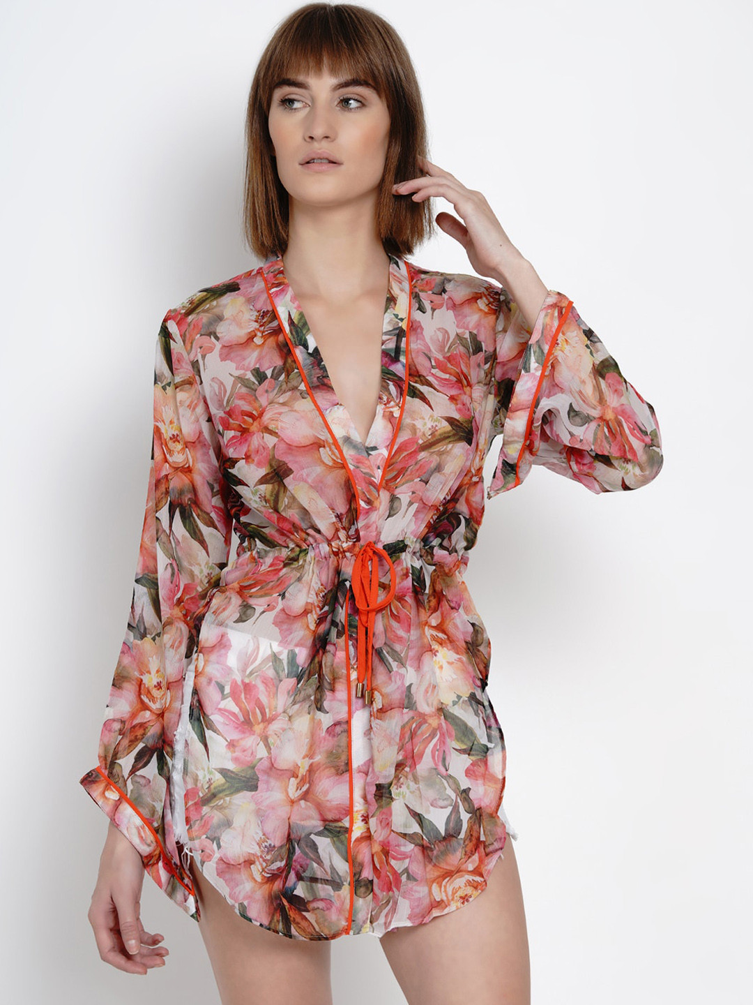 Aoba Women Pink & Off-White Printed Mini Robe