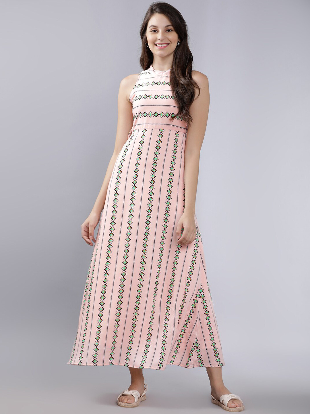 Tokyo Talkies Women Peach-Coloured & Green Printed Maxi Dress