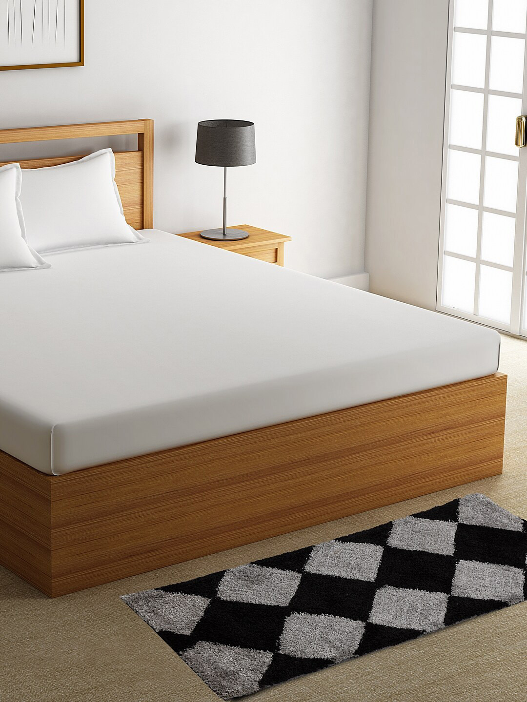 HOSTA HOMES Black & Grey Geometric Shaggy Fur Bed Runner