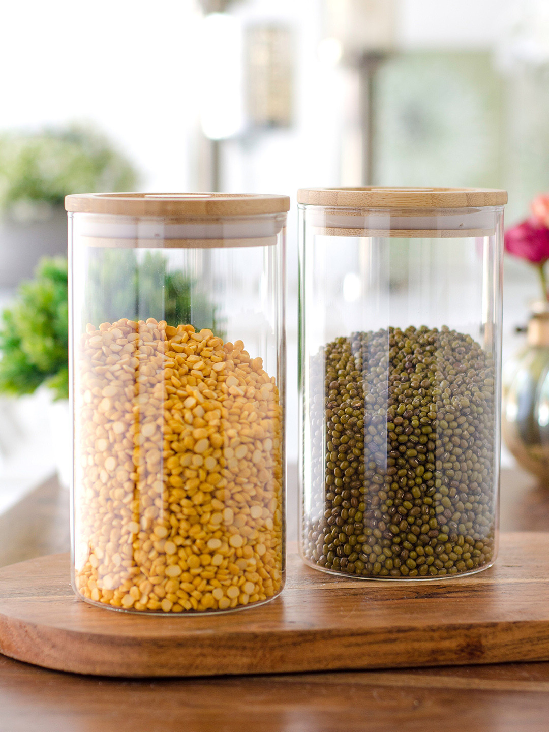 GOODHOMES Set Of 2 Transparent & Brown Basic Round Borosilicate Large Jars With Bamboo Wood Lid