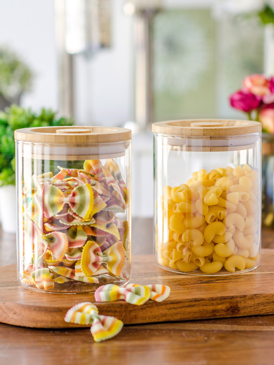 GOODHOMES Set Of 2 Transparent Round Medium Storage Jars With Brown Lid