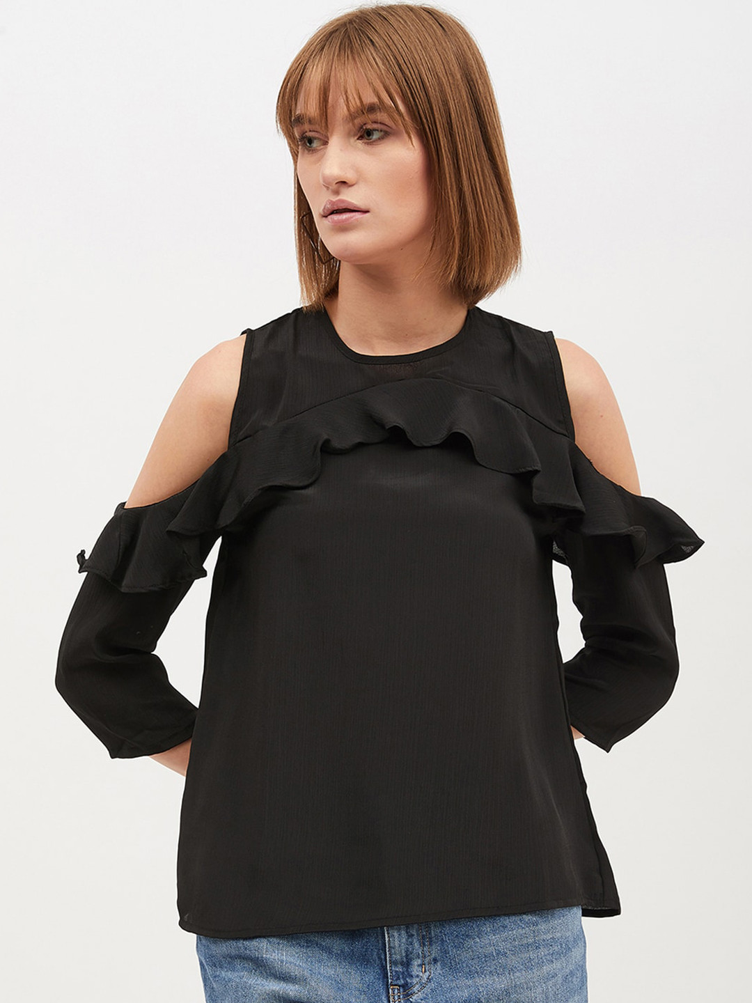 Harpa Women Black Solid Cold Shoulder A-Line Top