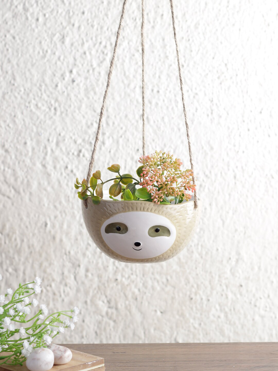 Aapno Rajasthan Beige Baby face Hanging Ceramic Planter