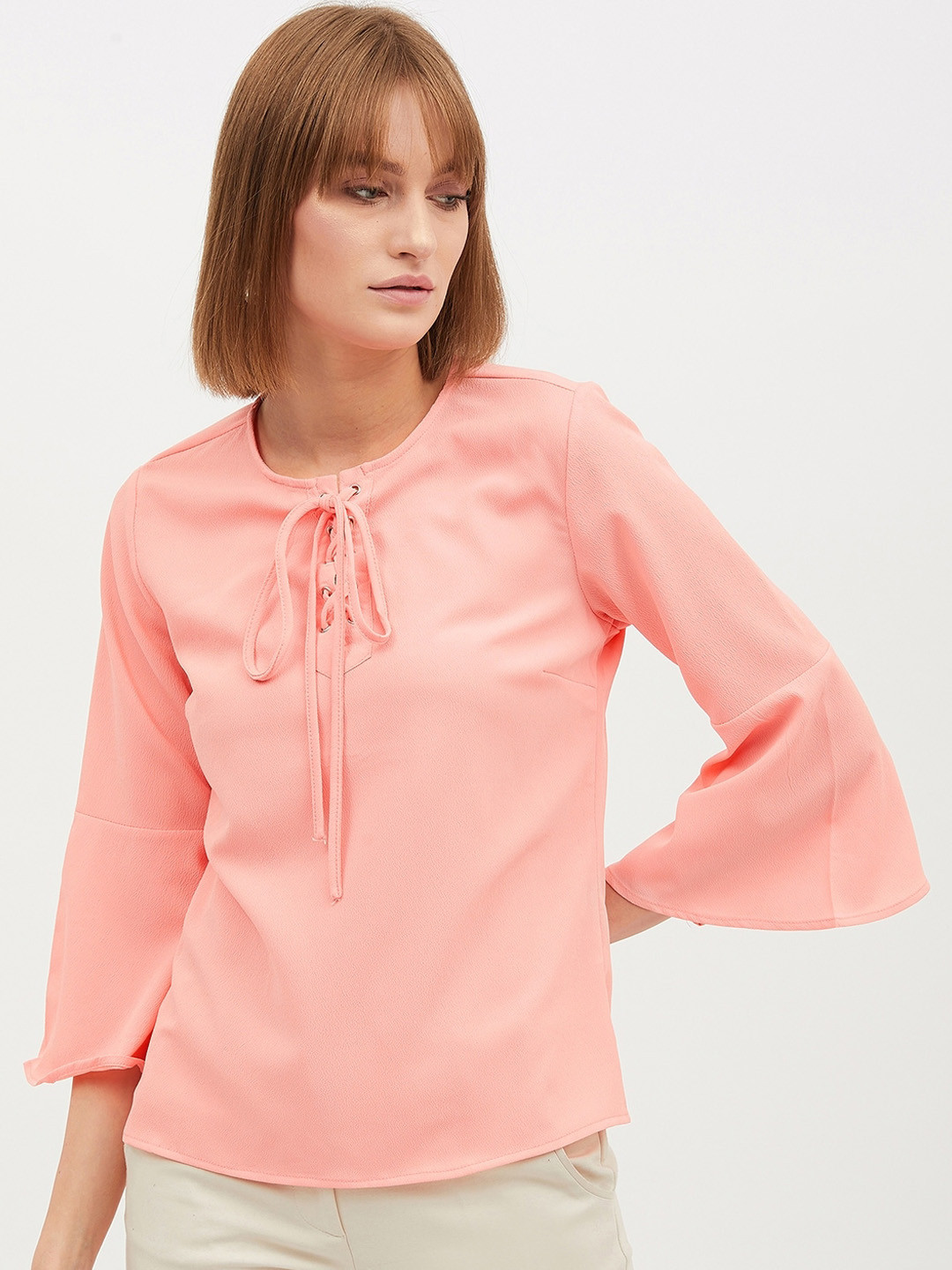 Harpa Women Pink Tie-Up Neck Solid Top