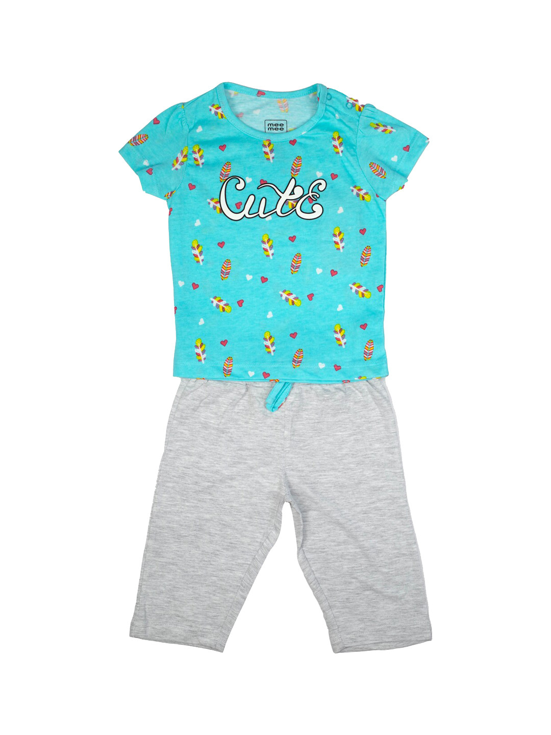 MeeMee Girls Sea Green & Grey Printed Night Suit