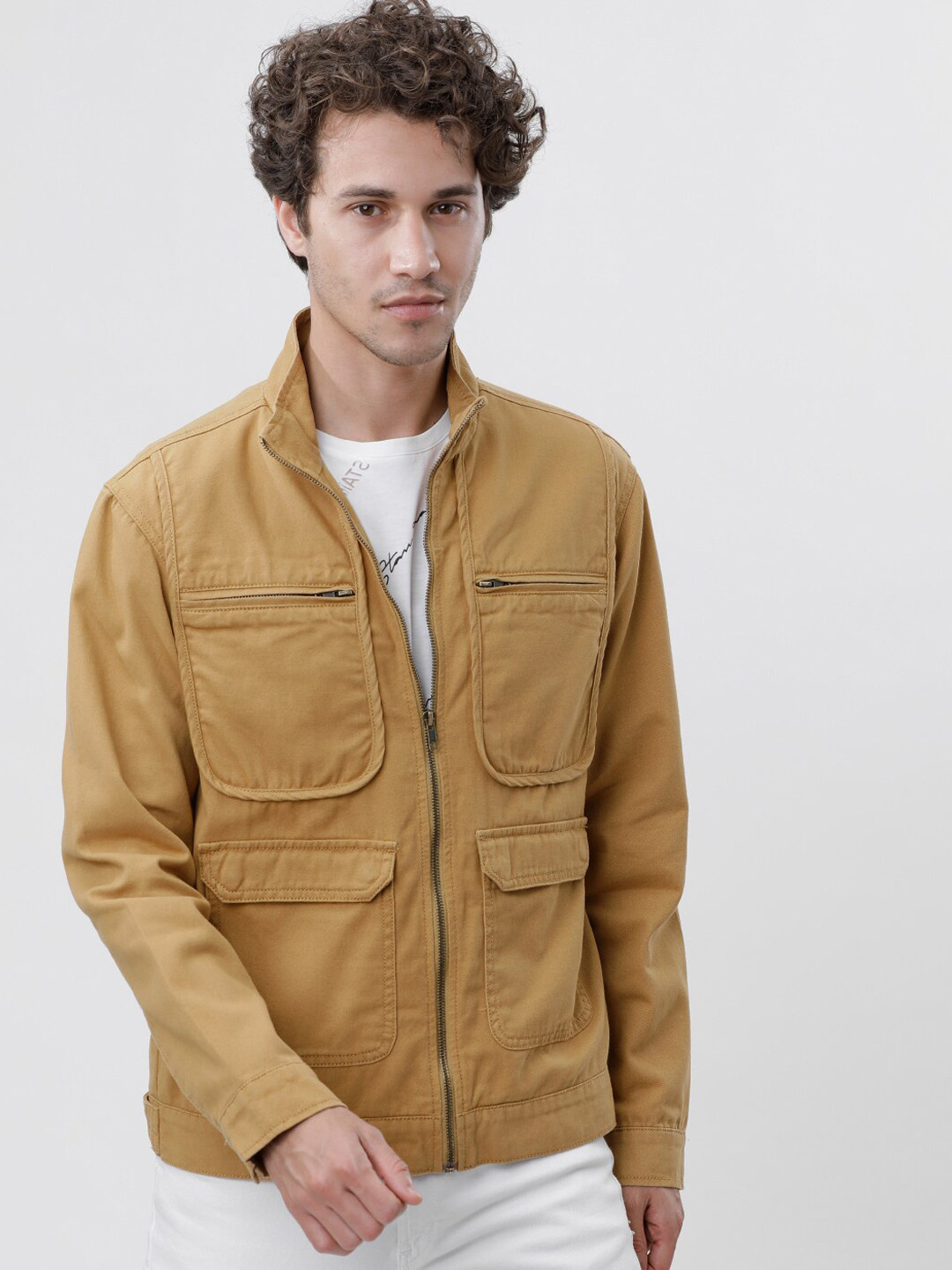 LOCOMOTIVE Men Khaki Solid Open Front Cotton Jacket