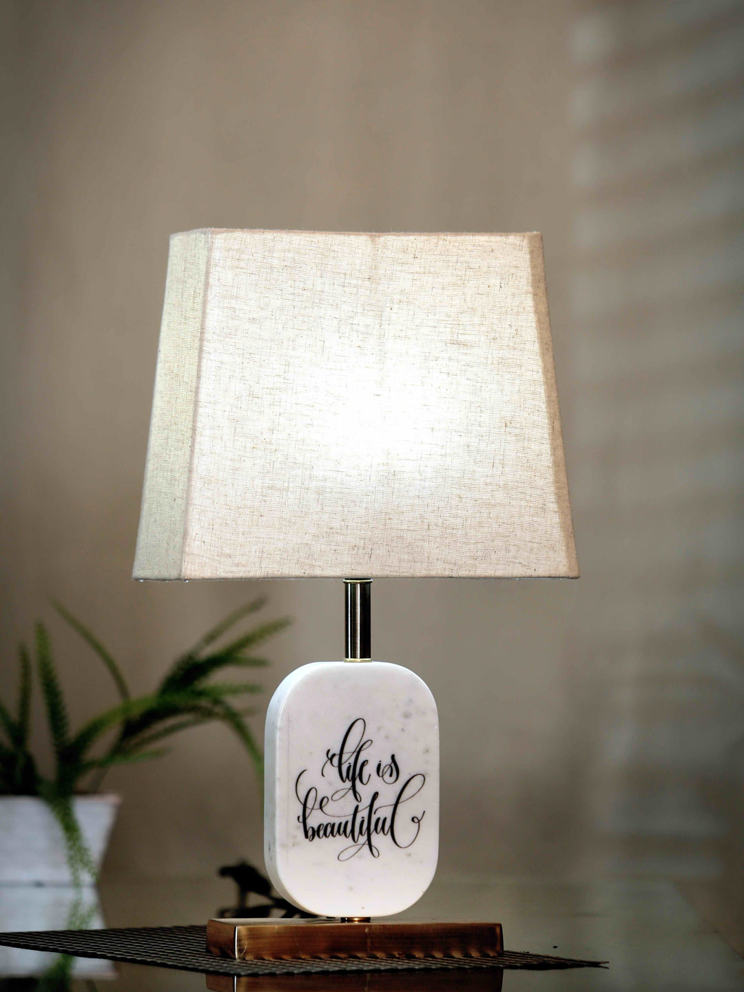 POSH-N-PLUSH Beige & White Solid Life Is Beautiful Marble Table Lamp