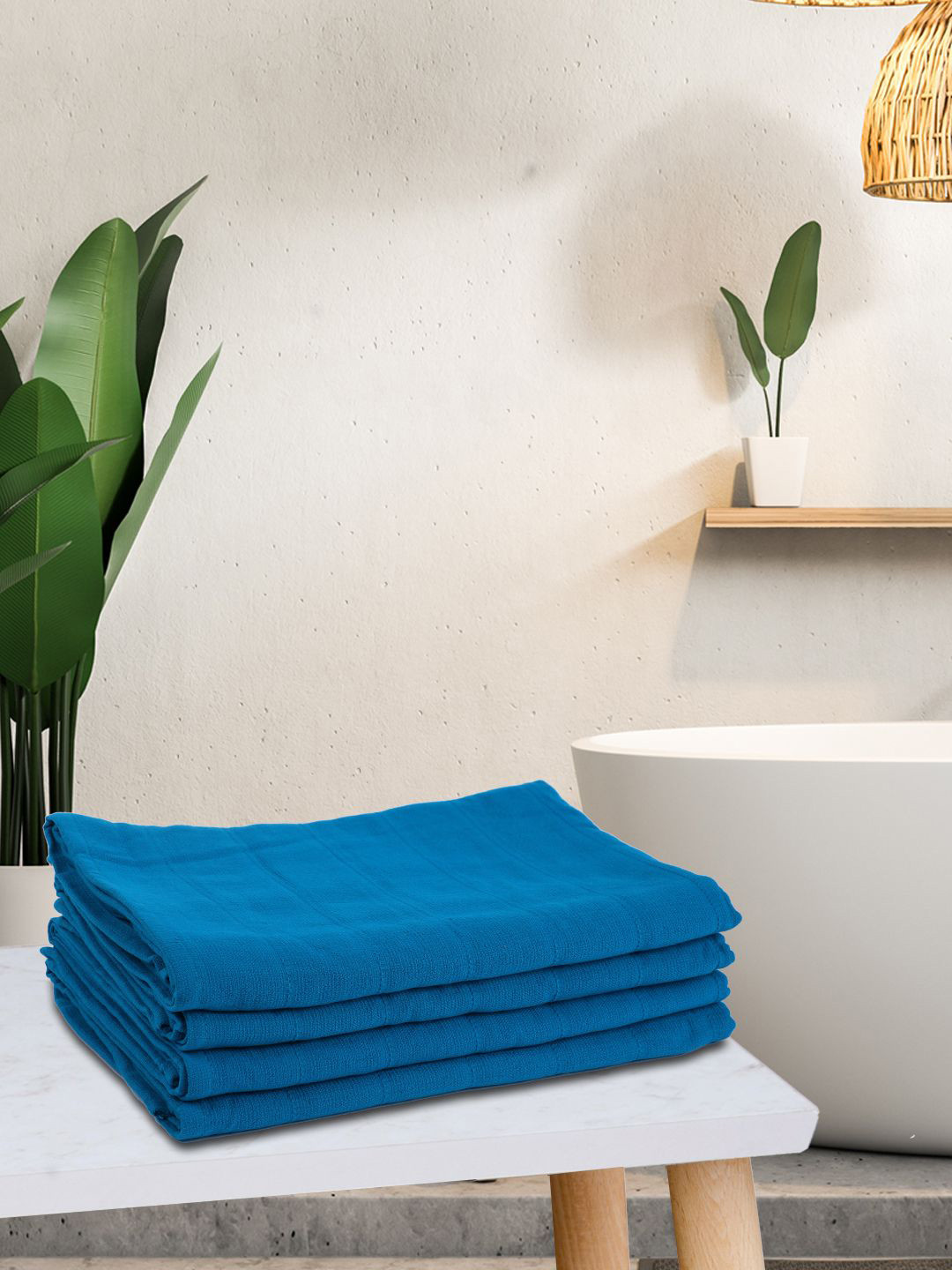 KOPA Set Of 4 Blue Solid 300 GSM Cotton Terry Bath Towels