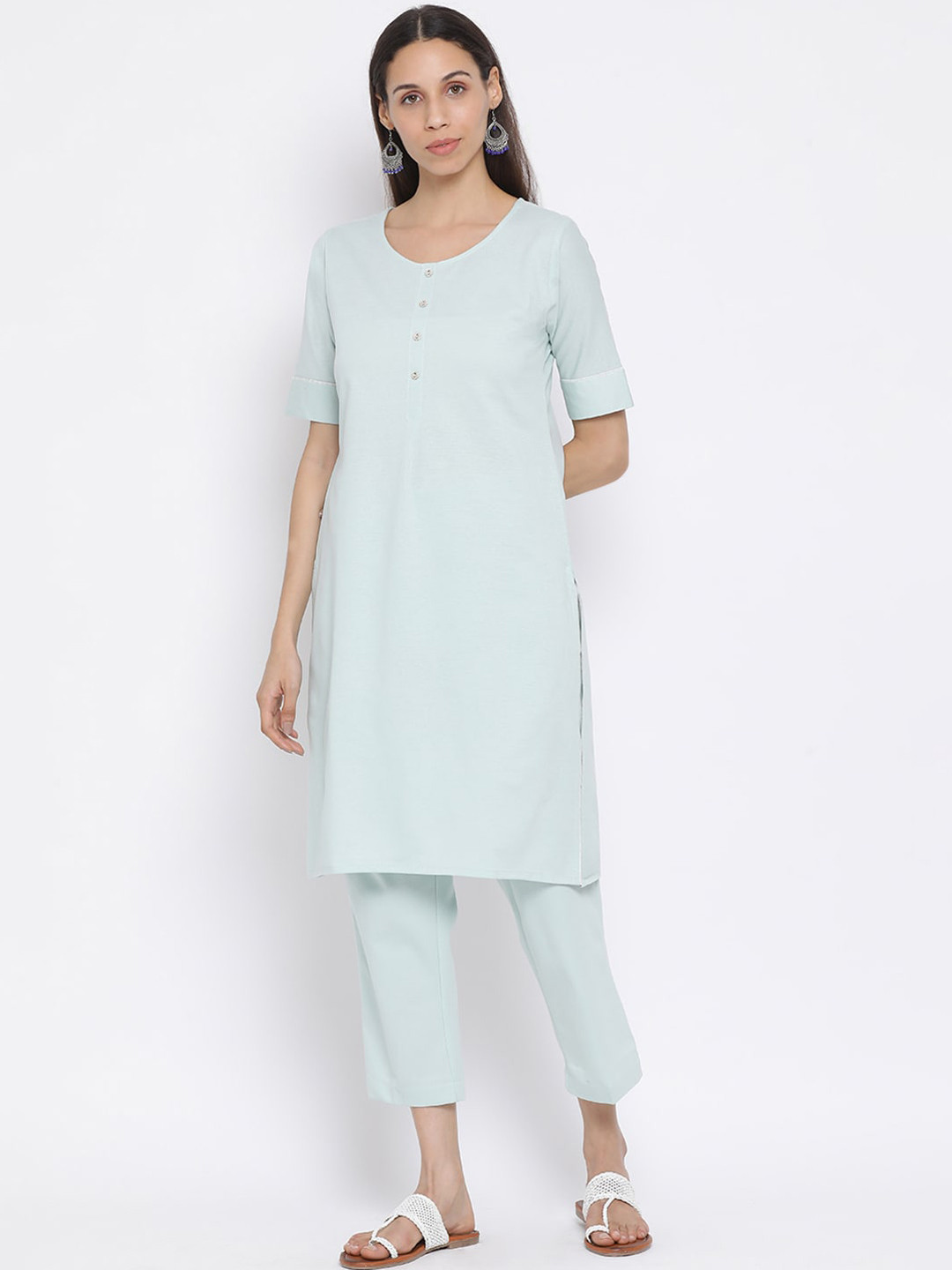 Span Women Sea Green Cotton Solid Kurta with Trousers