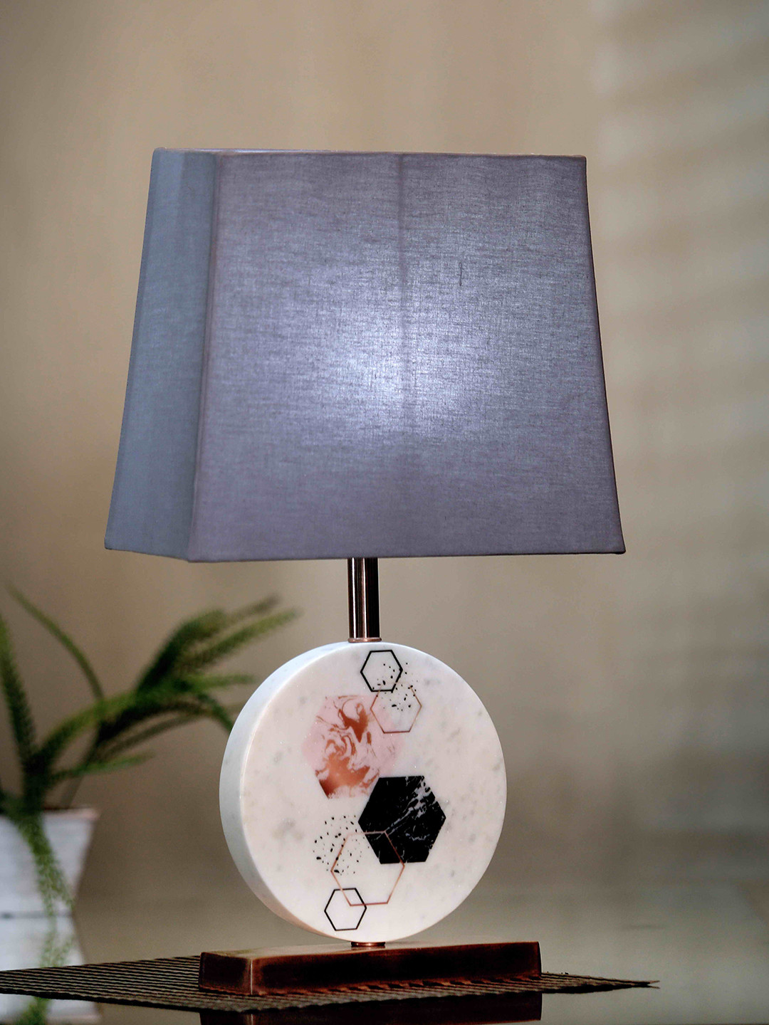 POSH-N-PLUSH Grey Marble Bedside Standard Table Top Lamp with Shade