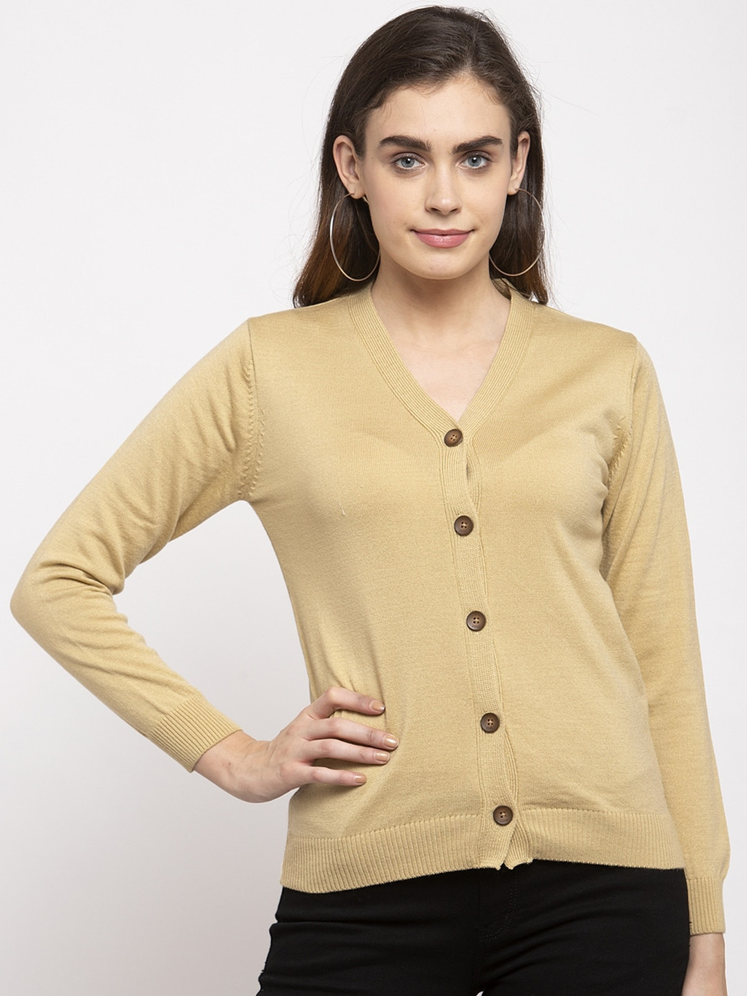 Kalt Women Yellow Solid Acrylic Cardigan