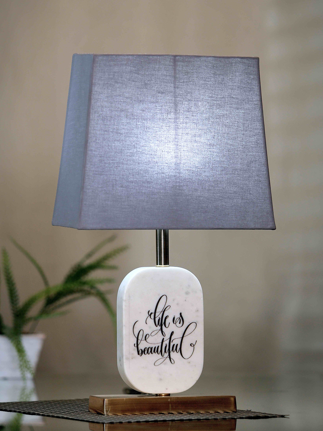 POSH-N-PLUSH Grey & White Life is Beautiful Contemporary Bedside Standard Table Lamp