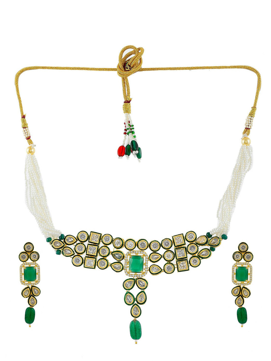 Silvermerc Designs Gold-Plated White & Green AD Studded Handmade Jewellery Set