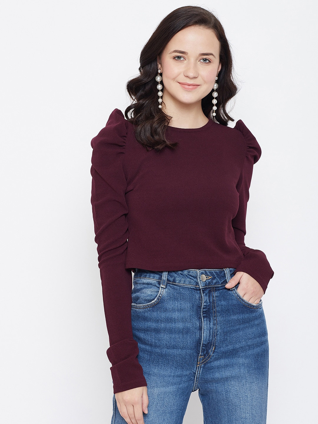 Zastraa Women Burgundy Solid Fitted Top