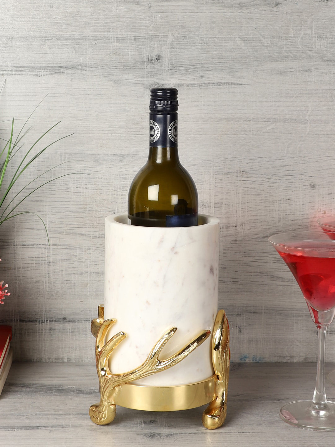 NikkisPride White & Gold-Toned Marble Wine Cooler With Antler Stand