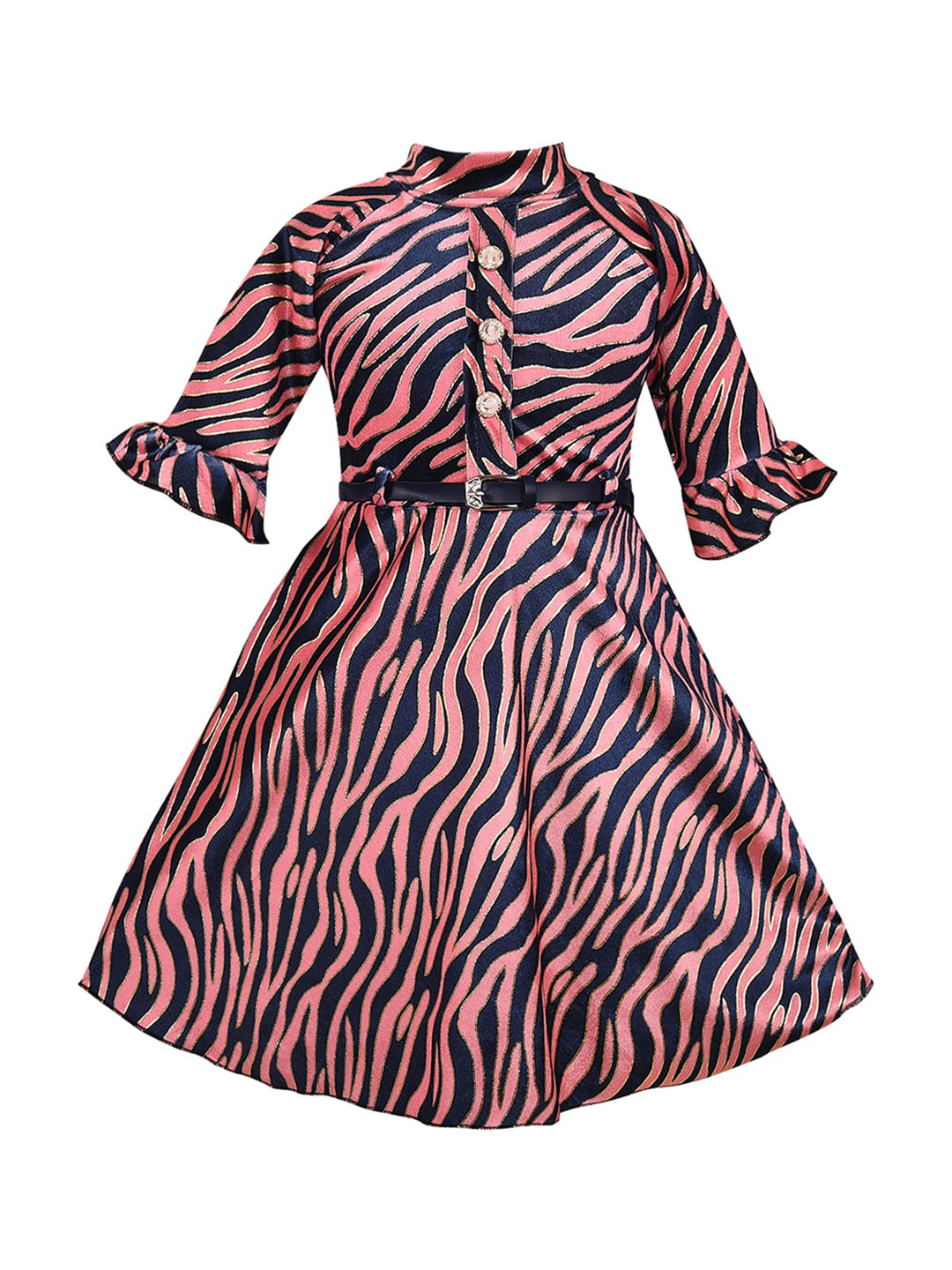 Wish Karo Girls Peach & Navy Blue Printed Fit and Flare Dress