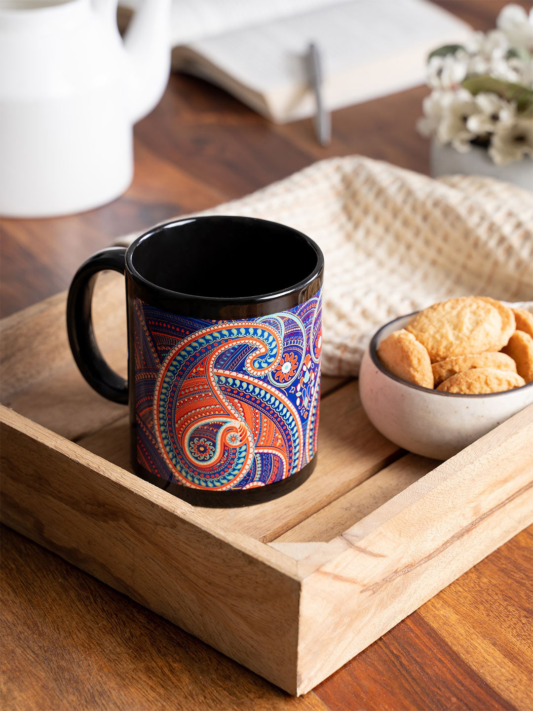 KOLOROBIA Gold Premium Black Paisley Ceramic Microwave Safe Mug-325ml