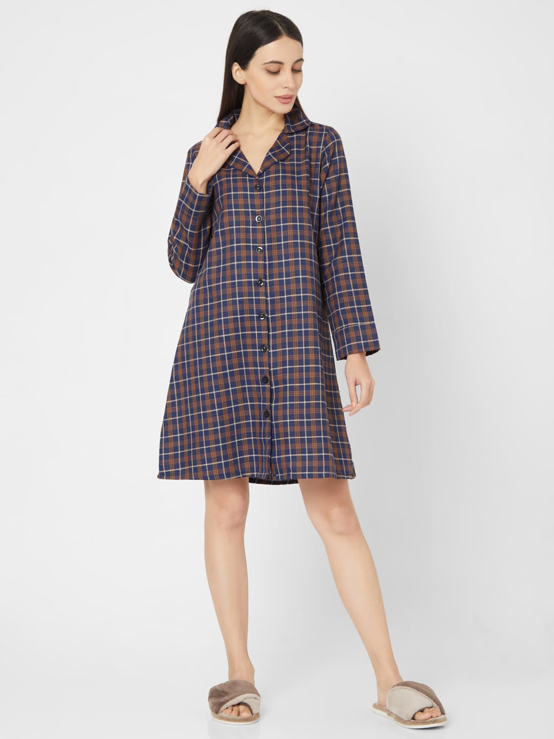 Smarty Pants Women Brown & Blue Checked Nightdress