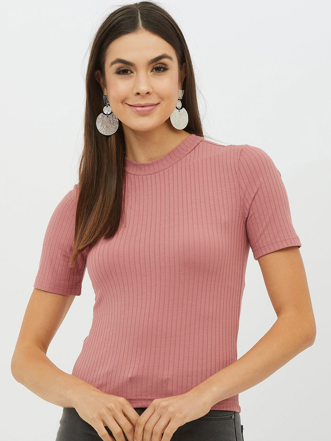 Harpa Women Pink Ribbed Fitted Top