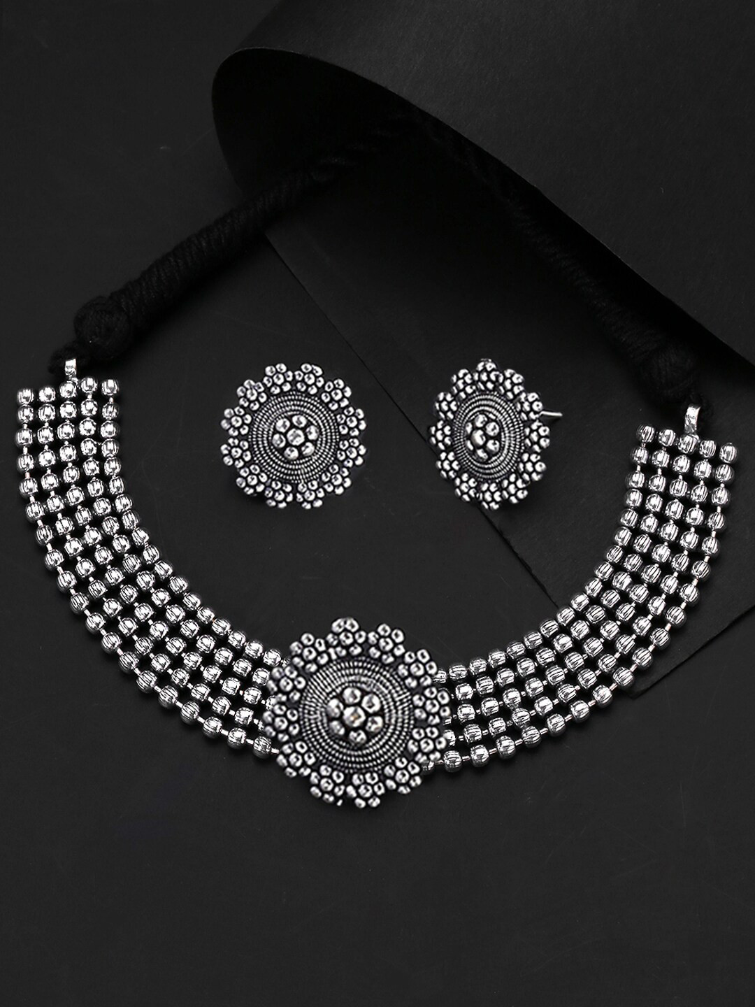 Yellow Chimes Oxidised Silver-Plated Choker Necklace With Earrings Set