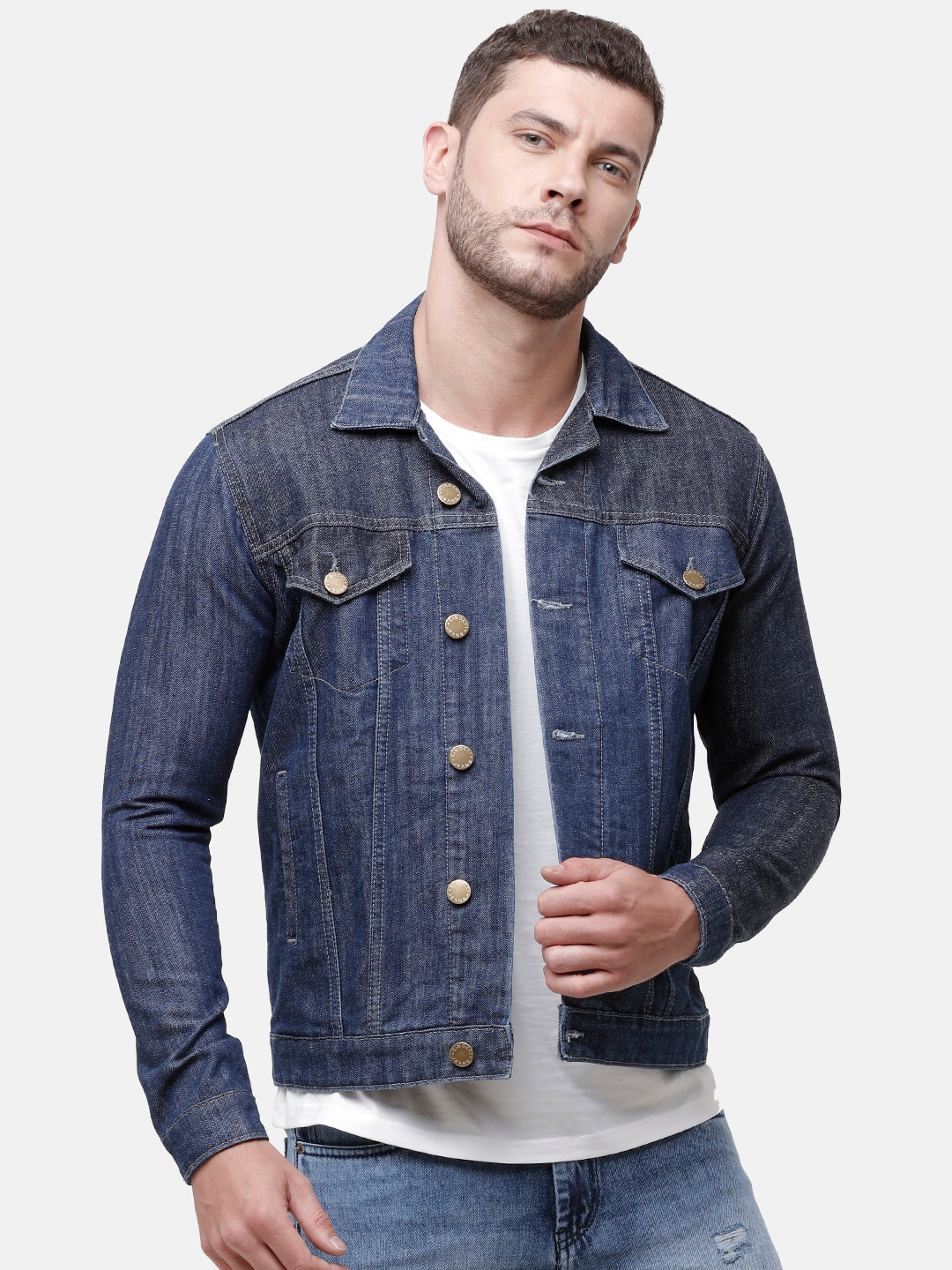 CINOCCI Men Blue Checked Denim Jacket