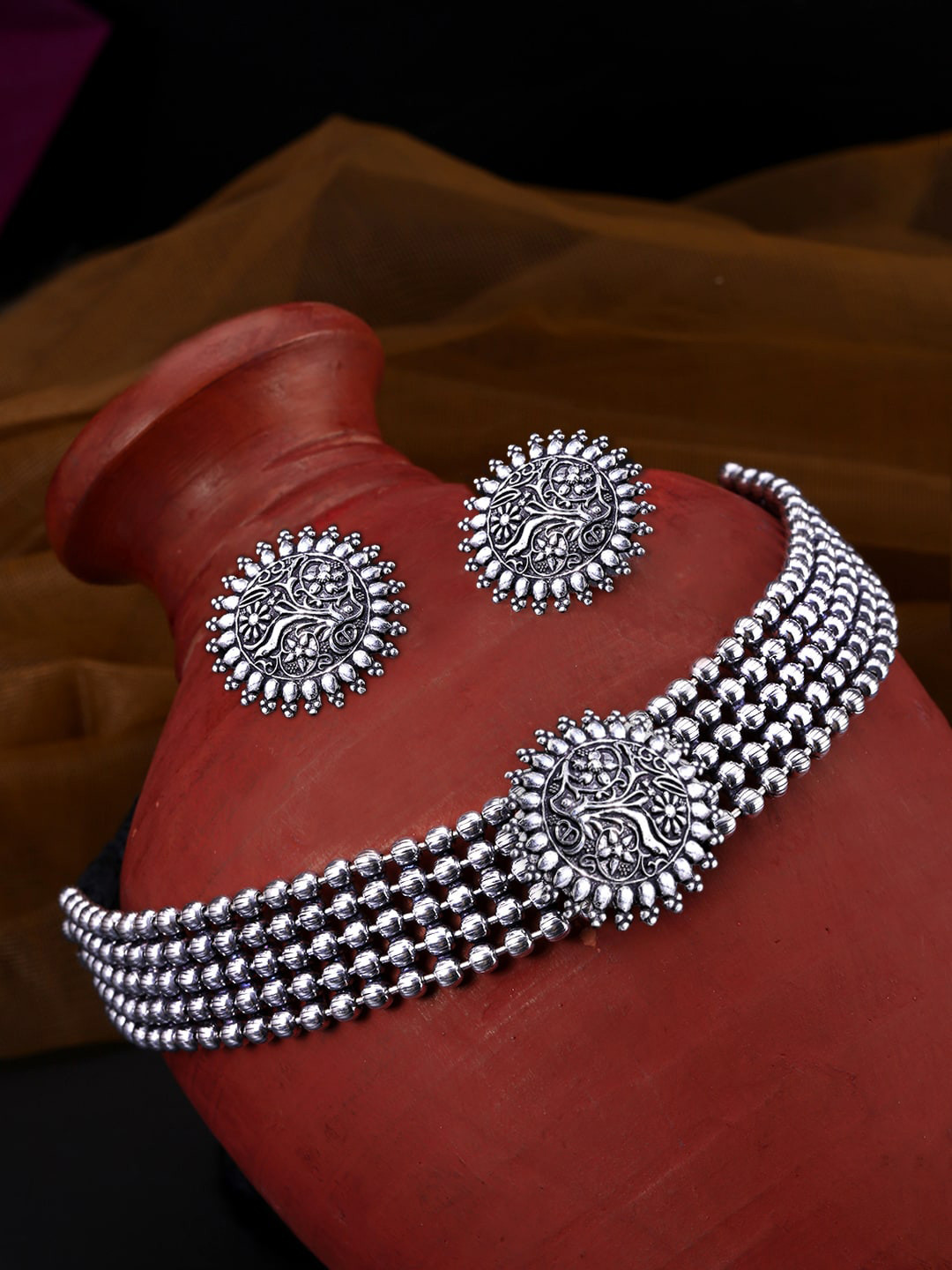 Yellow Chimes Oxidized Silver-Toned Floral Choker Jewellery Set