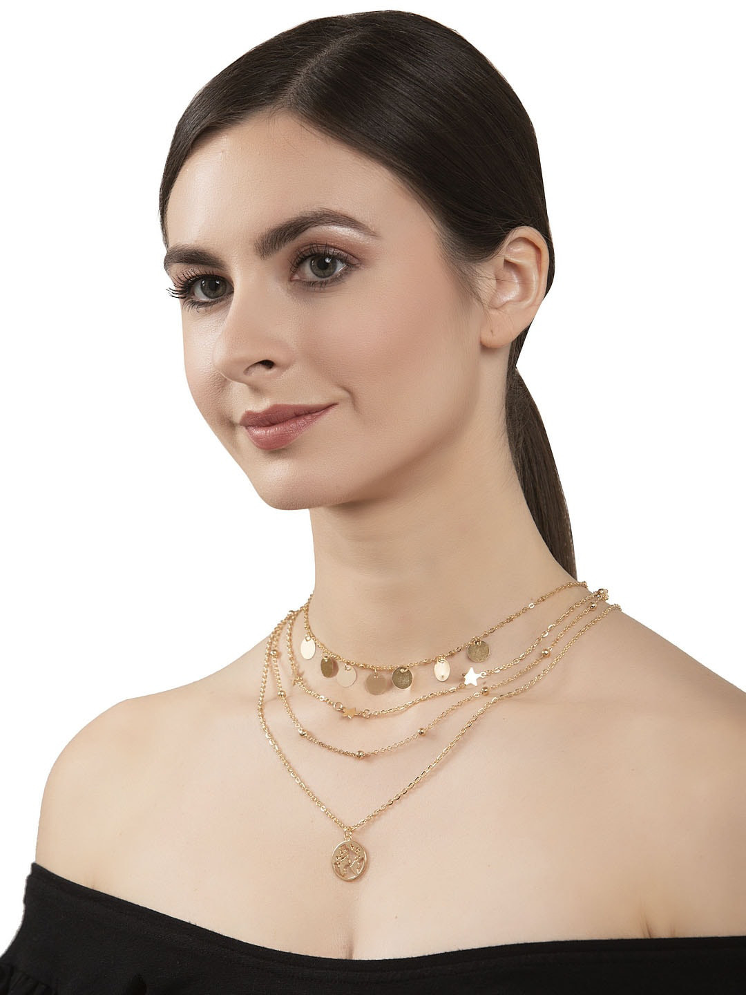 Shining Diva Fashion Gold-Plated Statement Multi Layer Chain Necklace