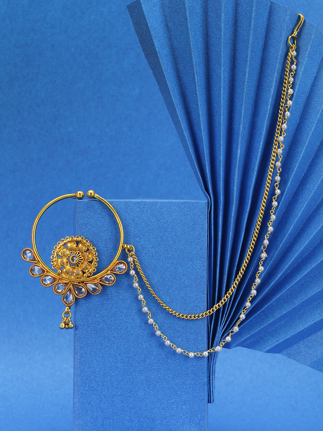 Adwitiya Collection 24 CT Gold-Plated White Stone-Studded Chained Nose Pin