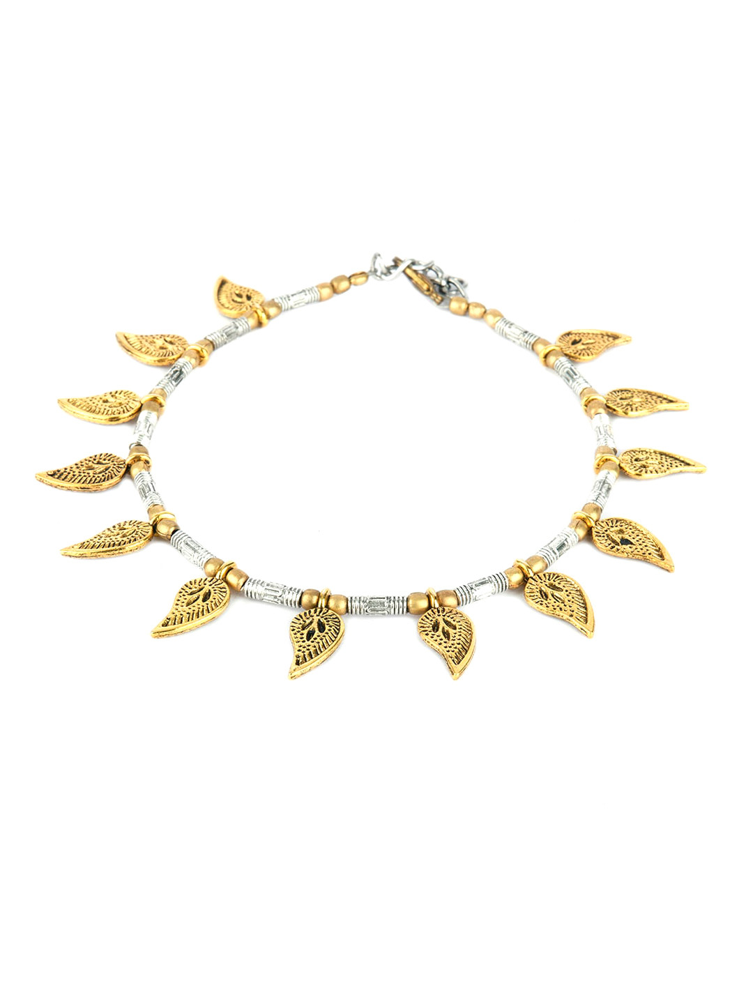 DESI COLOUR Silver-Toned & Gold-Toned Leaf-Shaped Charms Anklet