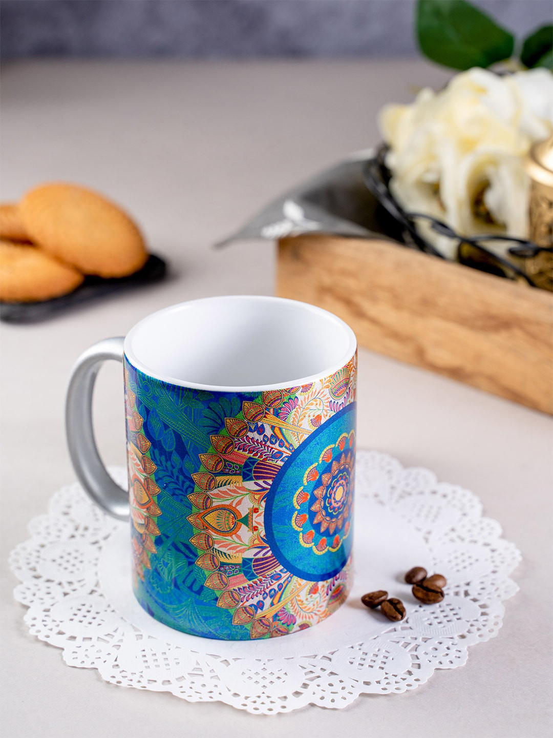KOLOROBIA Behan Ka Mug Kripya Dur Rahein Silver Ethnic Motifs Ceramic Handmade Mug-325ml