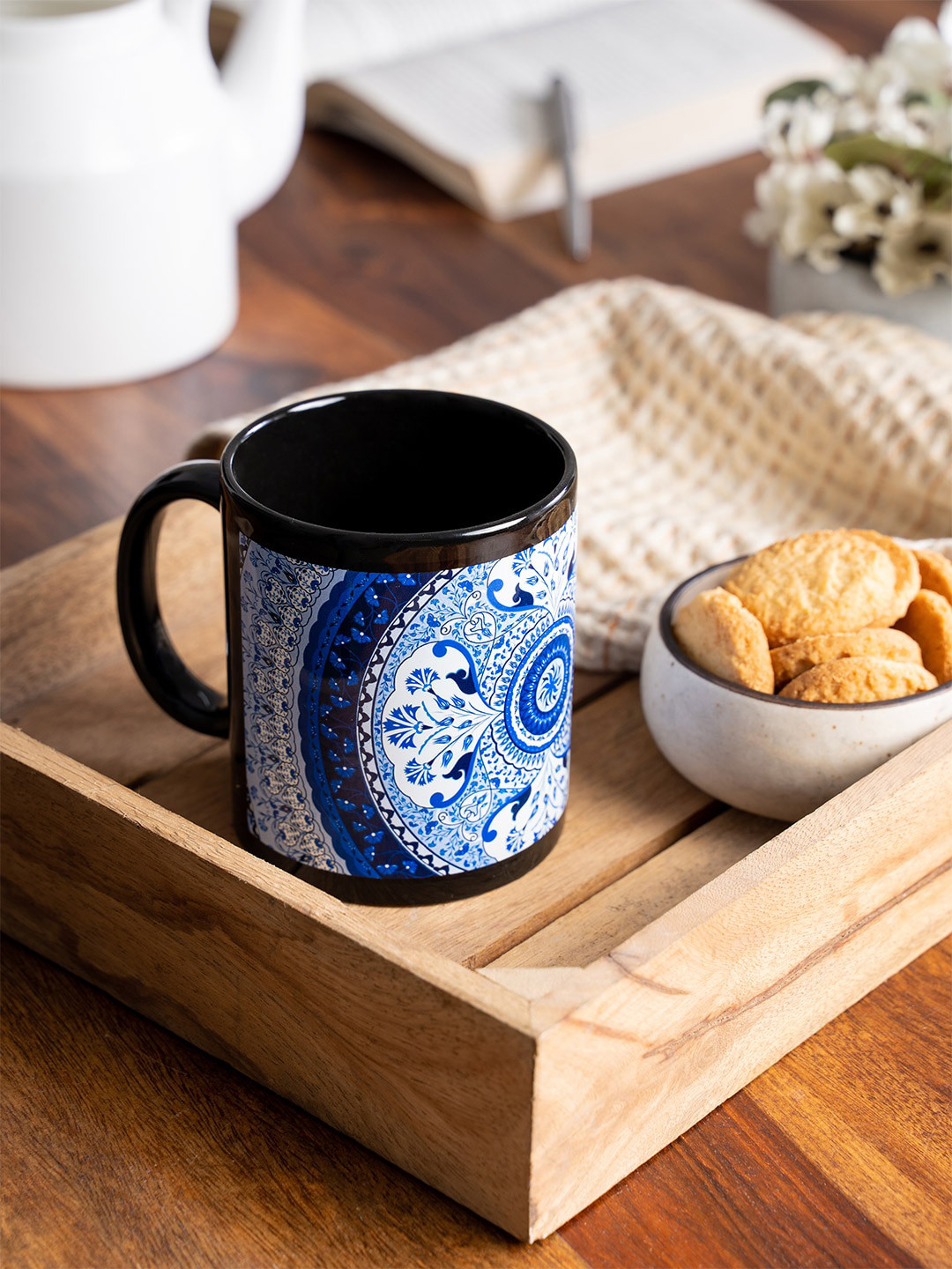 KOLOROBIA Arish Black Ethnic Motifs Ceramic Microwave Safe Mug-325ml
