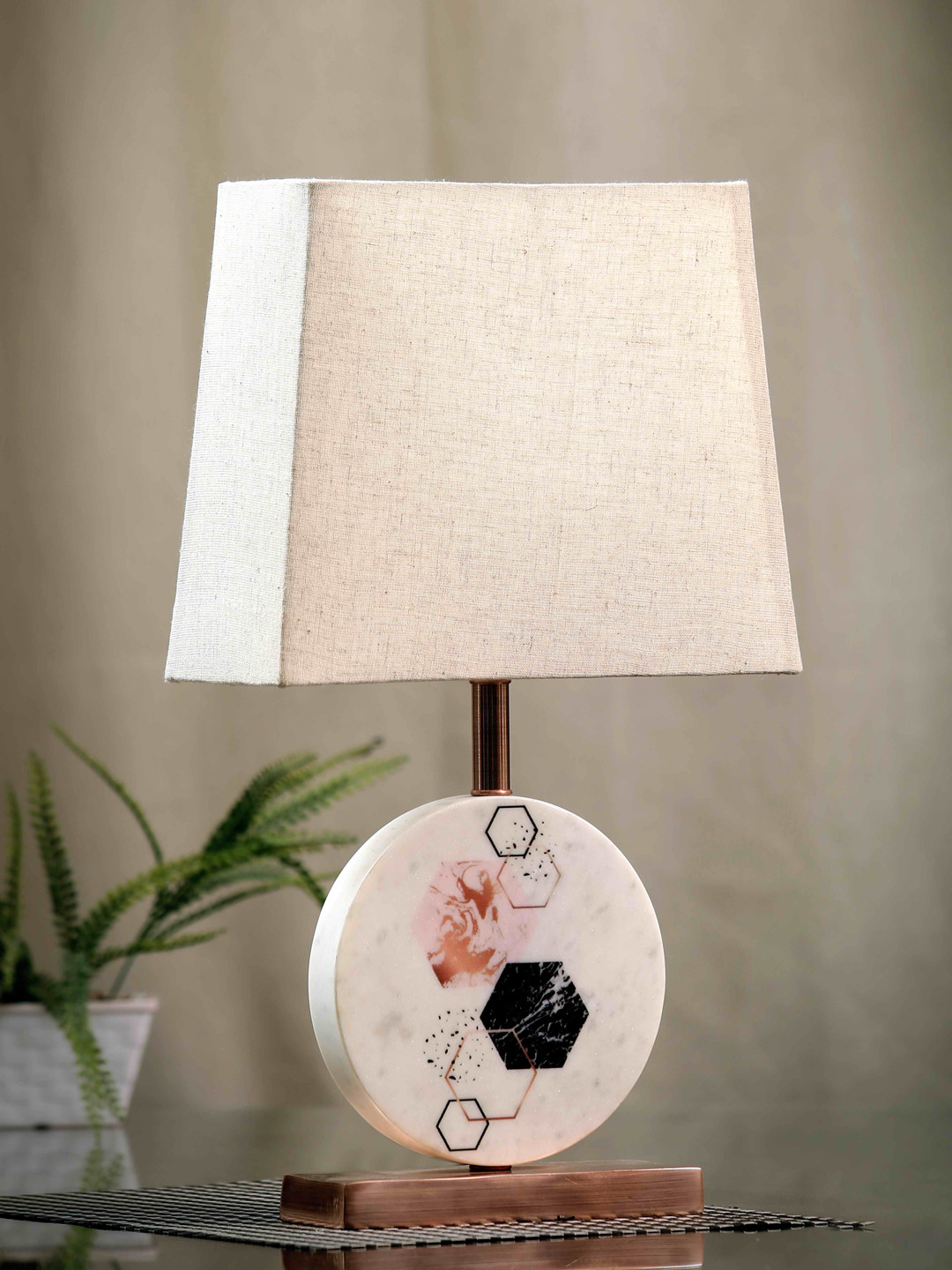POSH-N-PLUSH Beige Solid Hexagon Marble Table Lamp