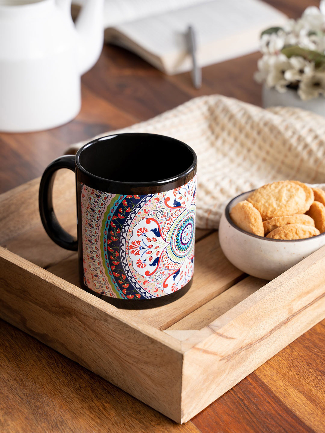 KOLOROBIA Mummy Ka Mug Kripya Dur Rahein Black Ethnic Motifs Ceramic Handmade Mug-325ml