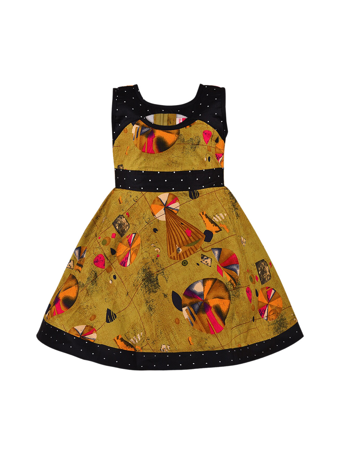 Wish Karo Girls Mustard Yellow & Black Printed Fit and Flare Dress