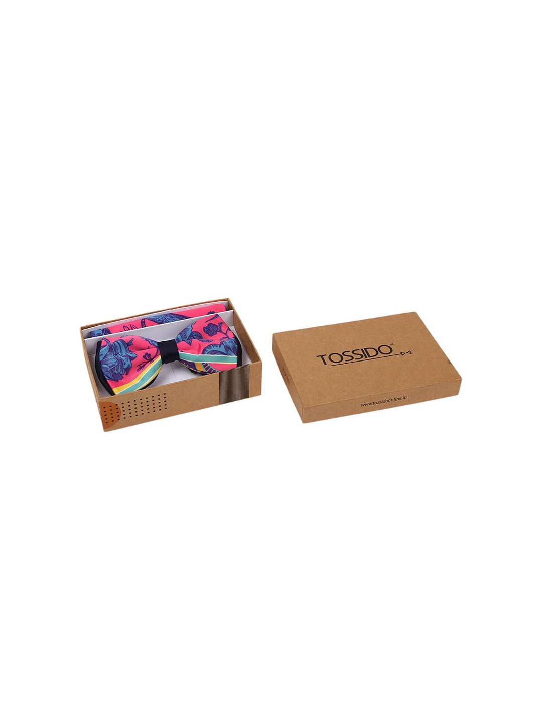Tossido Men Blue & Pink Printed Bow With Pocket square Set