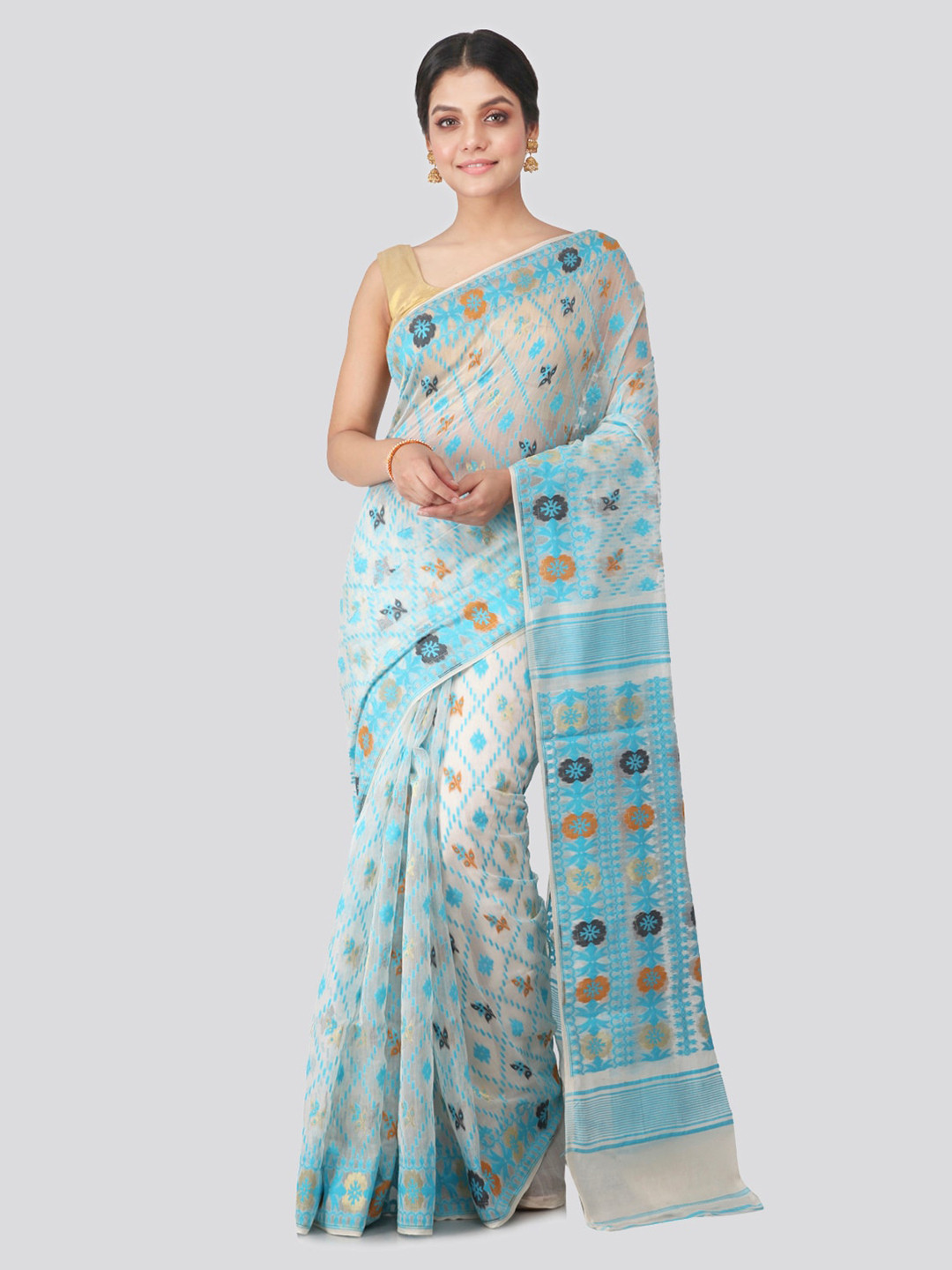 PinkLoom White & Blue Pure Cotton Woven Design Handloom Jamdani Saree
