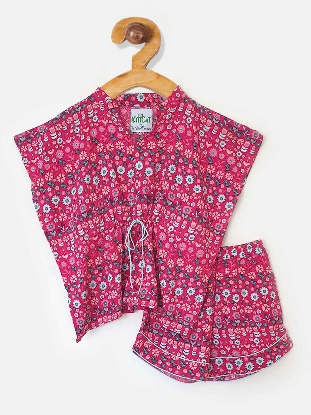 The Kaftan Company Girls Magenta Pink & Blue Floral Printed Night Suit
