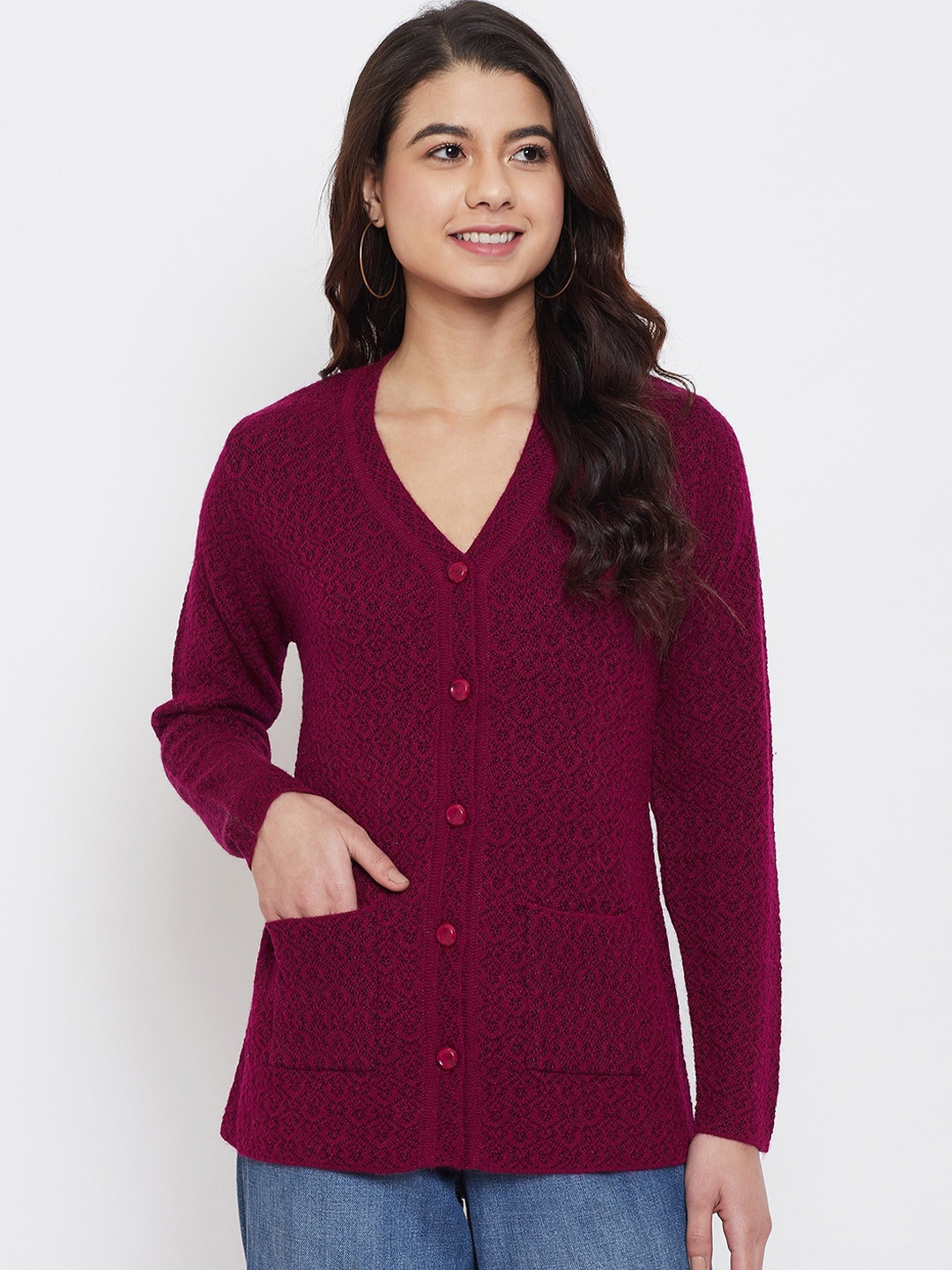 Zigo Women Maroon Self Design Cardigan