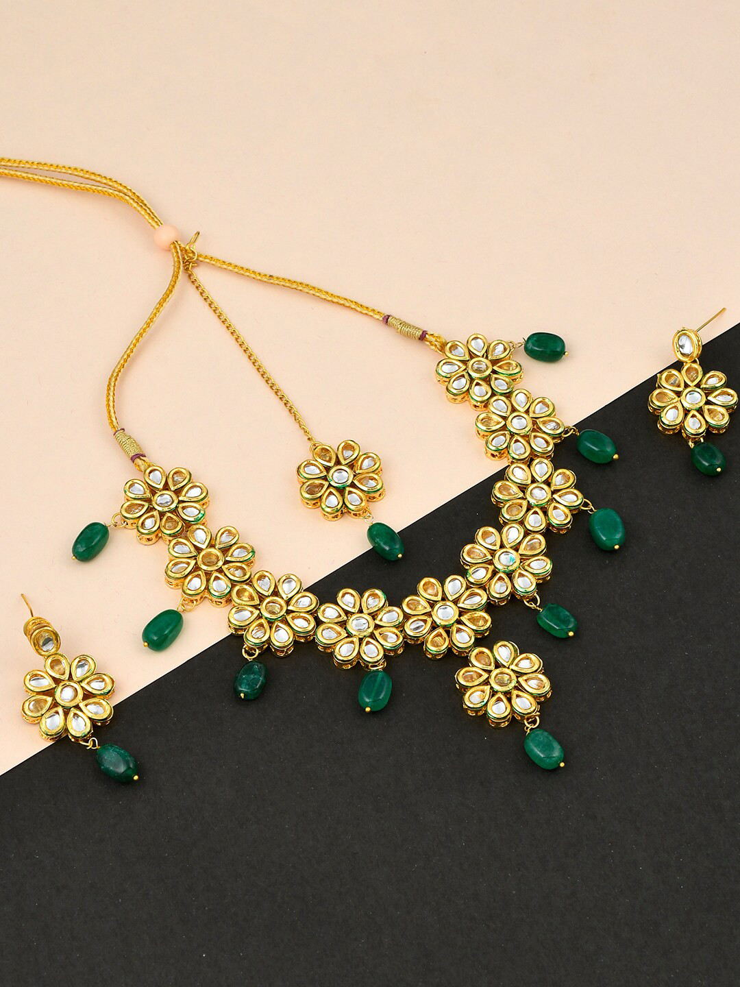 Silvermerc Designs Gold-Plate White & Green Kundan-Studded & Pearl Beaded Jadau Jewellery Set